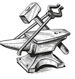 Drawing of an anvil and blacksmith tools